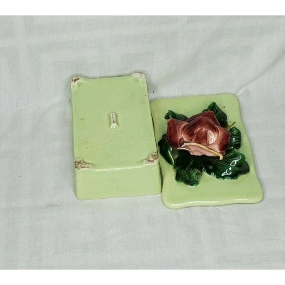 Vintage 1950s Johannes Bram of California Ceramic  Green With Rose Trinket Dish